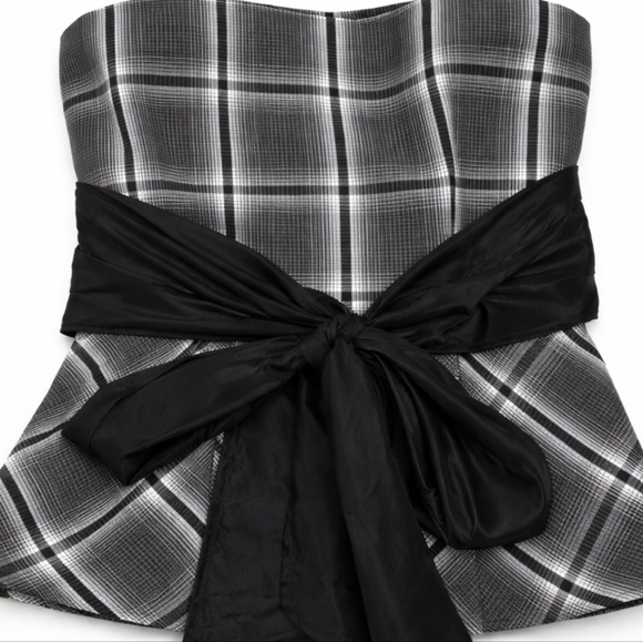 ZARA Black & White Plaid Strapless Peplum Top w/ Bow Belt Size L NWT Y2K - Picture 6 of 6
